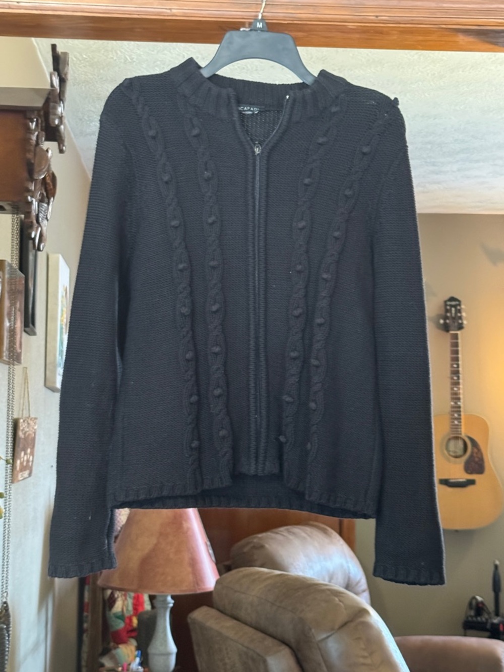 Women's Black Zip-Front Bobble Cable Knit Cardigan Sweater